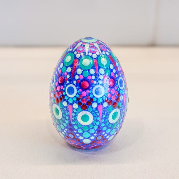 Hand-Painted Wooden Egg With Mandala Dot Design, Blue and Purple Hues - Picture 5 of 6